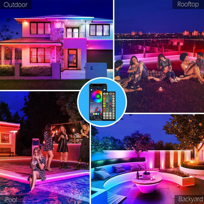 FBZ Outdoor LED Strip Lights Waterproof,Music Sync RGB IP68 Outside Led Light Strips Waterproofs with App and Remote,Exterior Led Rope Lights Waterproof for Deck,Balcony,Roof,Garden,Pool (50FT) - Image 2